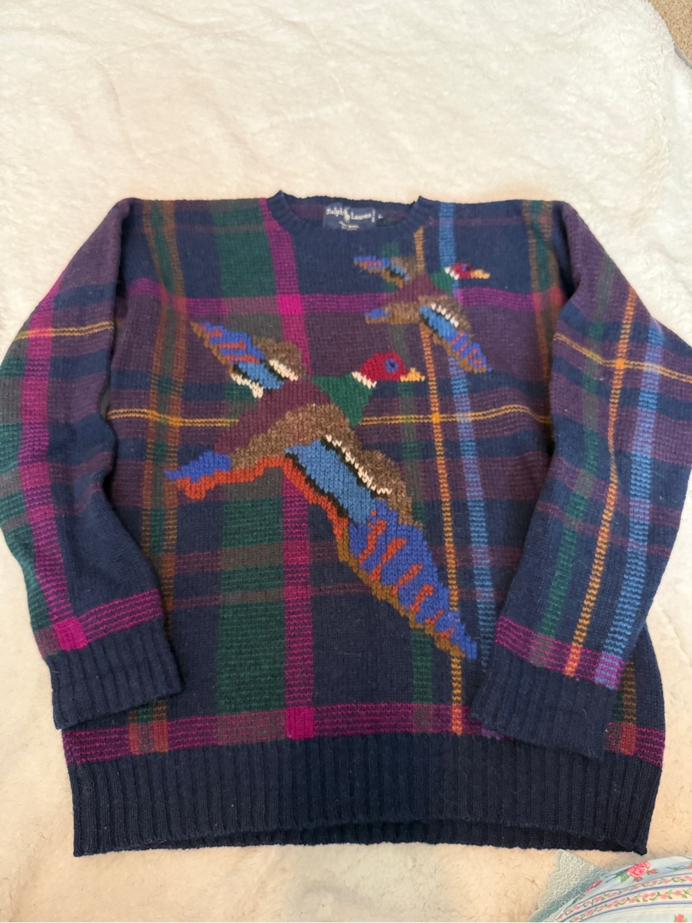 Ralph Lauren Plaid Crewneck Sweater with Duck Intarsia - Navy, Purple & Green